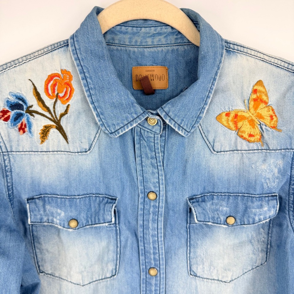Driftwood Olivia Embroidered Denim Western Shirt LRG Floral Butterfly Pearl Snap - Picture 4 of 12
